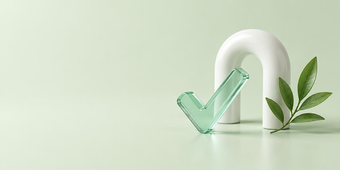 A glass checkmark with a ceramic arch and green leaves